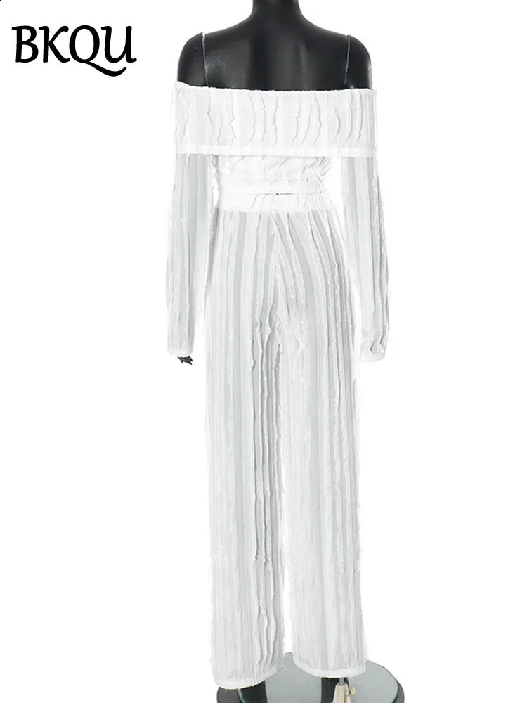 BKQU White Ruched Two Piece Sets Women Sexy Off Shoulder Long Sleeve Crop Top and Wide Leg Pants Matching Party Club Outfit 250118