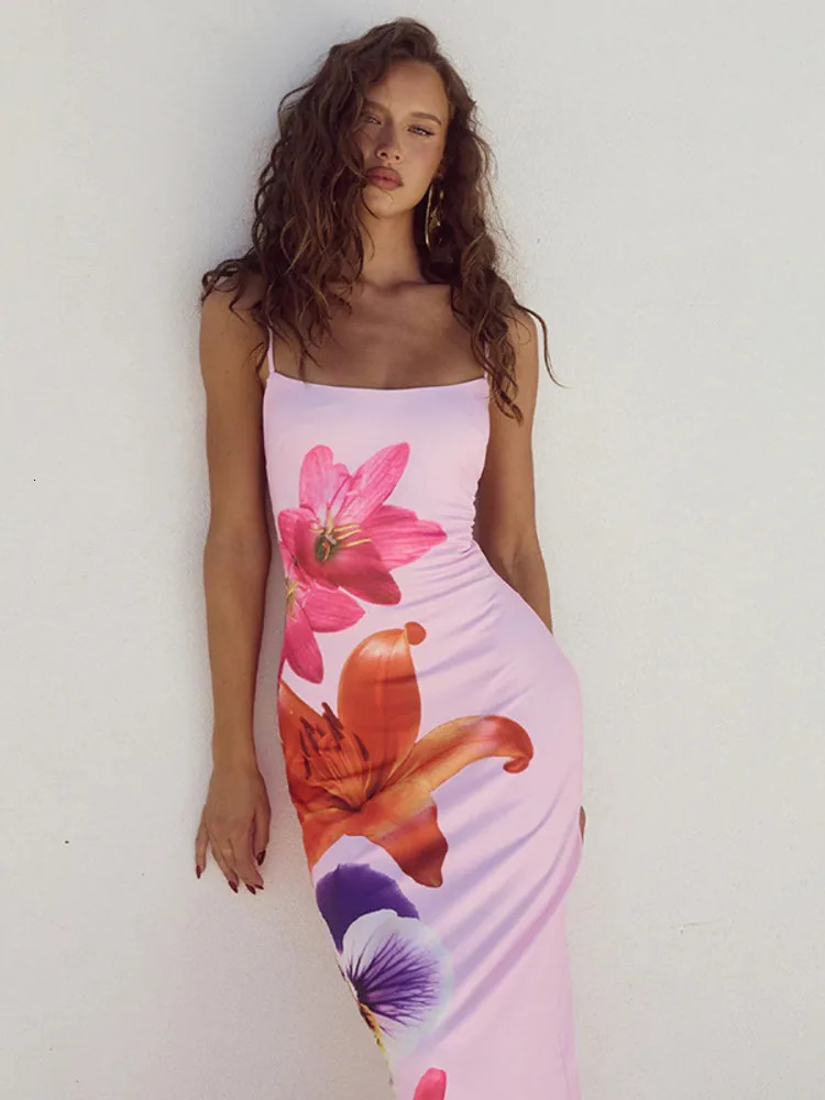 Mozision Flo Print Long Dress For Women Gown Summer Spaghetti Strap Sleeveless Backless Bodycon Sexy Midi Dress Elegant 250122