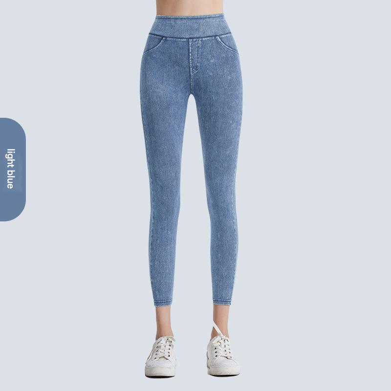 New hot-selling European and American high-waisted imitation jeans for women tight and thin hip lift, abdominal elastic outer wear, double pocket fitn