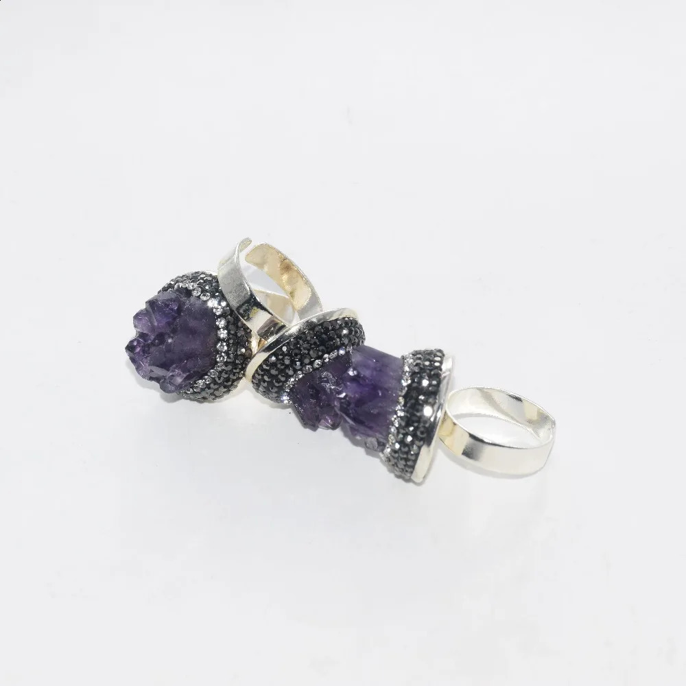 Uruguay Amethyst Purple Raw crystal quartz druzy adjustable rings rhinestone paved cluster geode druzy stone rings women 250121