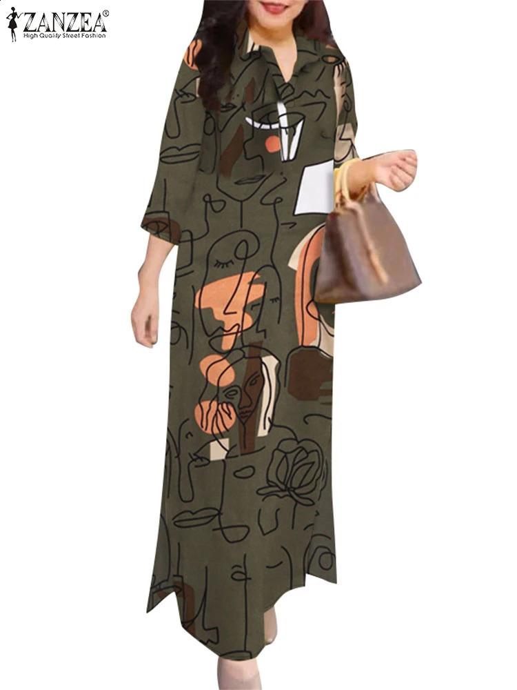 Autumn Spring Printed Dress Baggy Sundress ZANZEA Stylish Women Long Shirt Dress Vintage Lapel Neck Work Vestidos Kaftan 250122