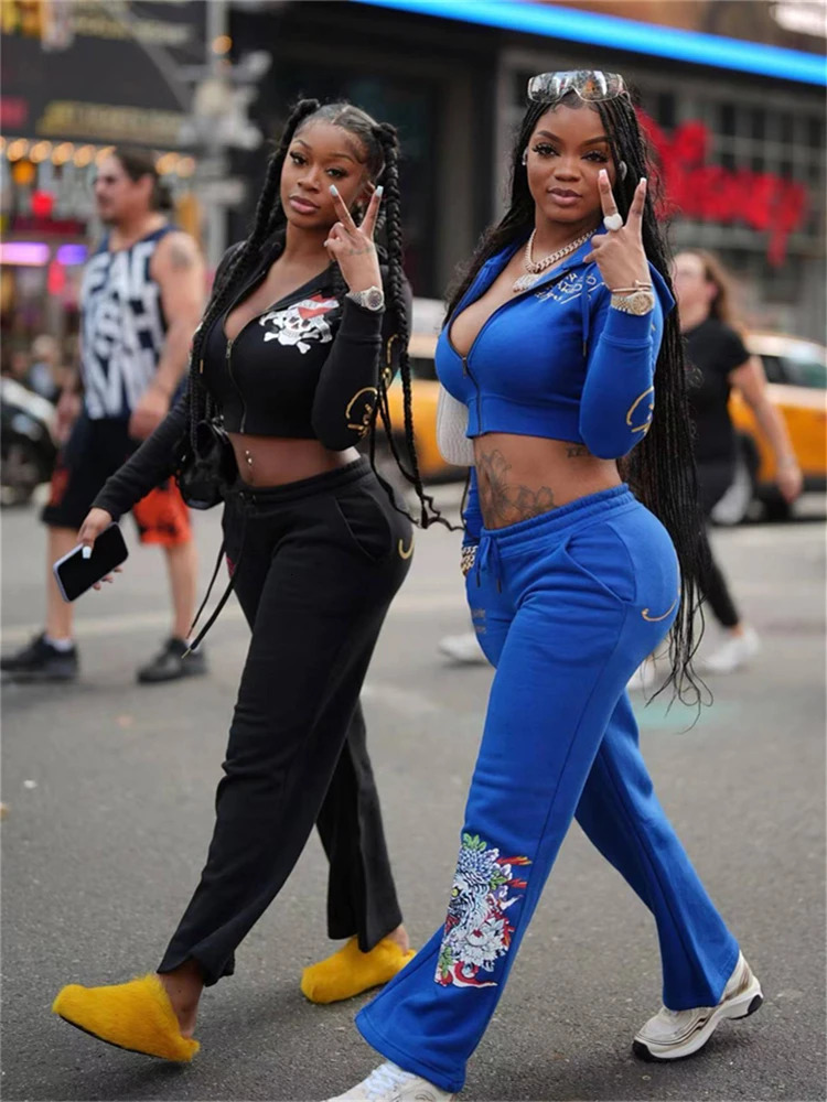 Aualay Y2k Black Printed Hoodies Sweatpant Party Club Clothing For Woman Spring Blue Graphic Bodycon 2 Two Piece Pants Sets 250120