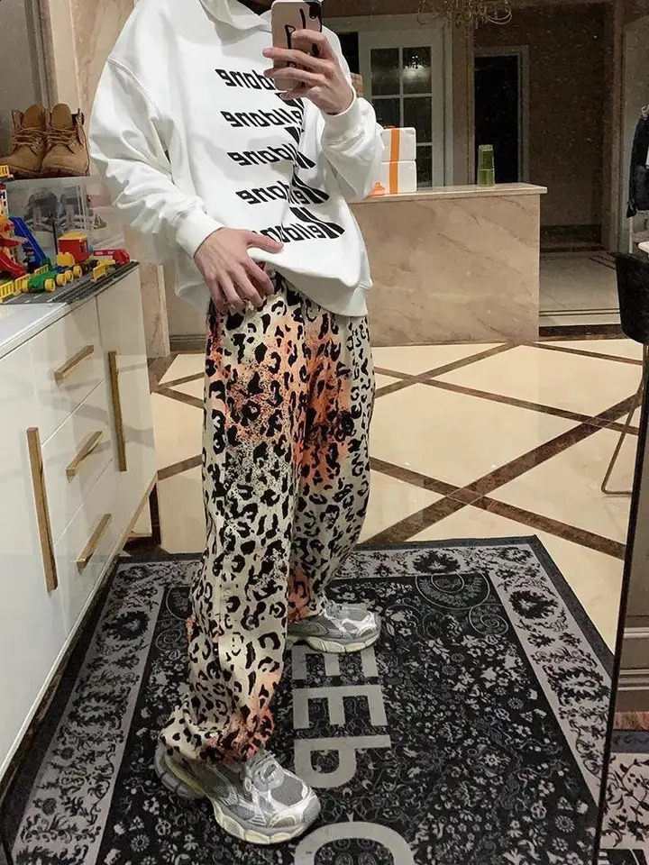 European and American retro leopard print high street straight leg jeans for men and women loose fitting trend casual pants y2k 250120