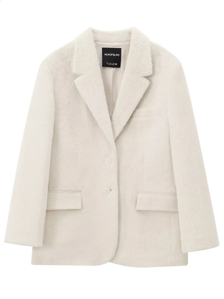 TRAF Womens Blazer White Faux Fur Office Wear Women Long Sleeve Fitted Blazers Suit Jacket High Quality 250120