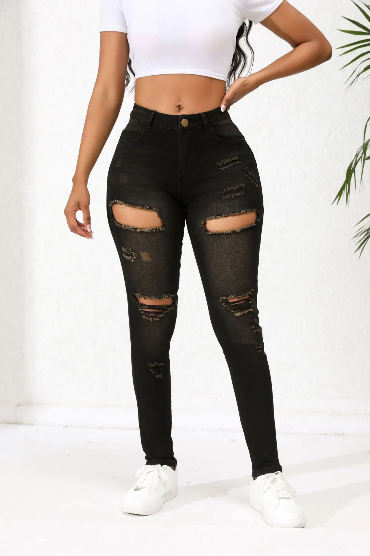 Summer Black Torn Jeans Women Skinnt Fit Damaged Holes Sexy Pants For Female 250109