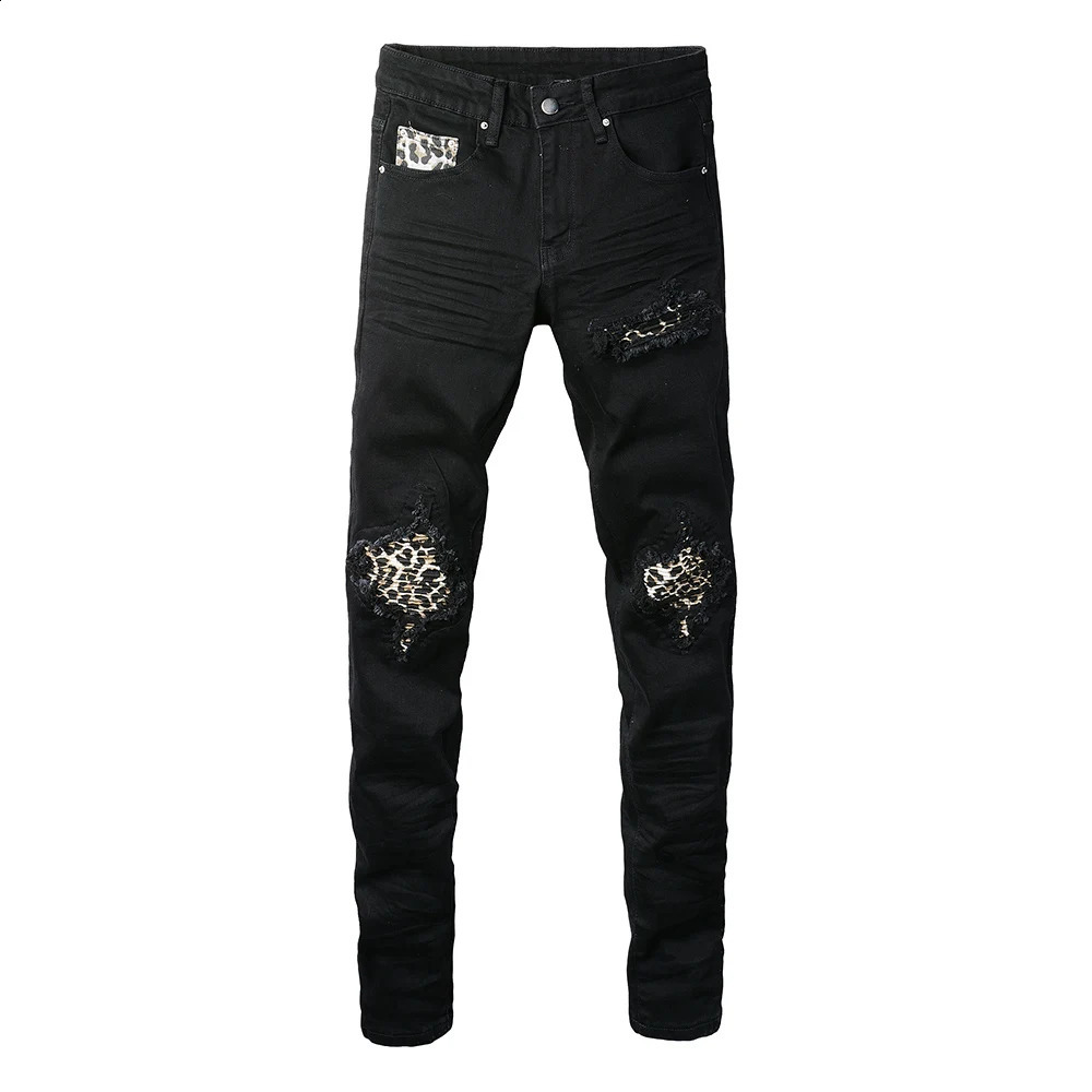 Mens Leopard Print Patch Jeans Streetwear Black Stretch Denim Skinny Tapered Pants Punk Ripped Patchwork Trousers 250120