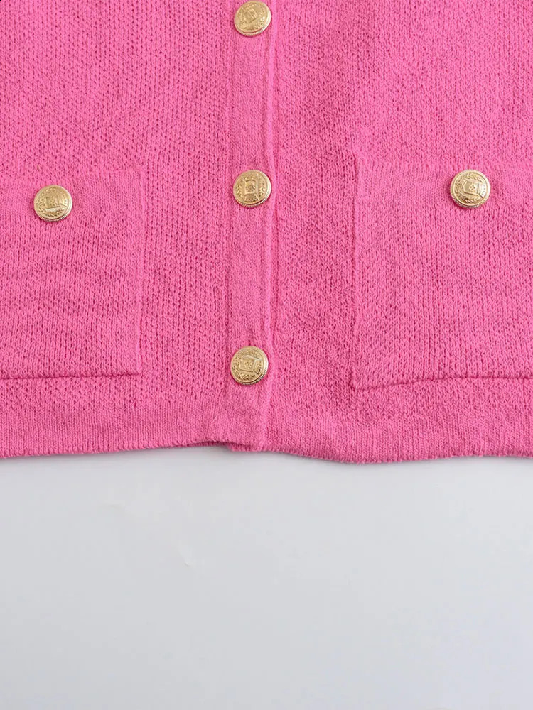 TRAF Womens Knitted Cardigan Sweater Golden Buttons Front Patch Pockets Long Sleeve Female Outerwear Chic Tops 250116
