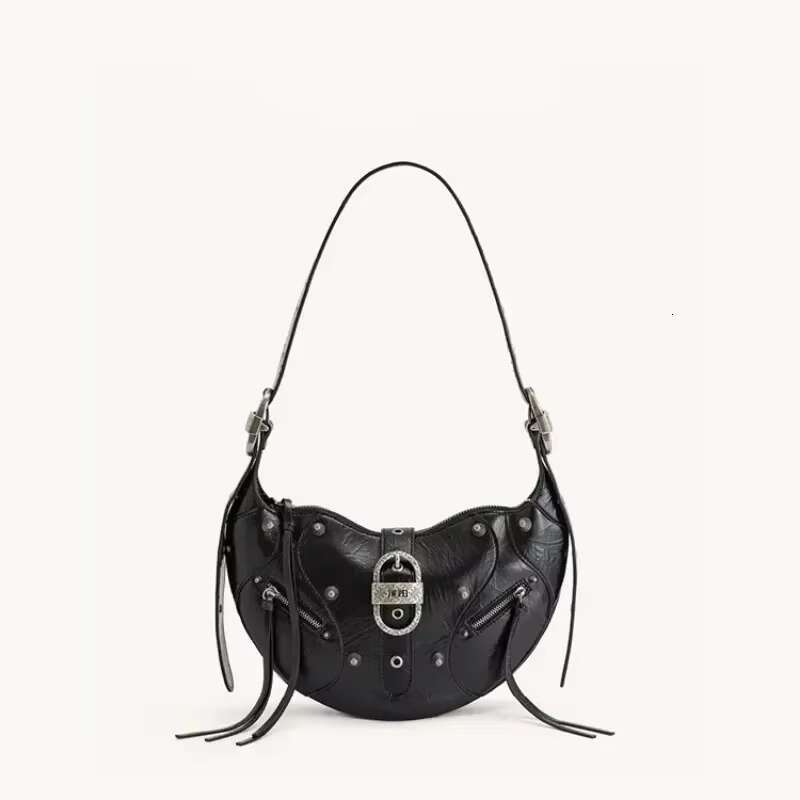 Elegant Large Capacity Oil Wax Leather Women's Crossbody Brand Design Rivet Motorcycle Trend Punk Style Shoulder Bag