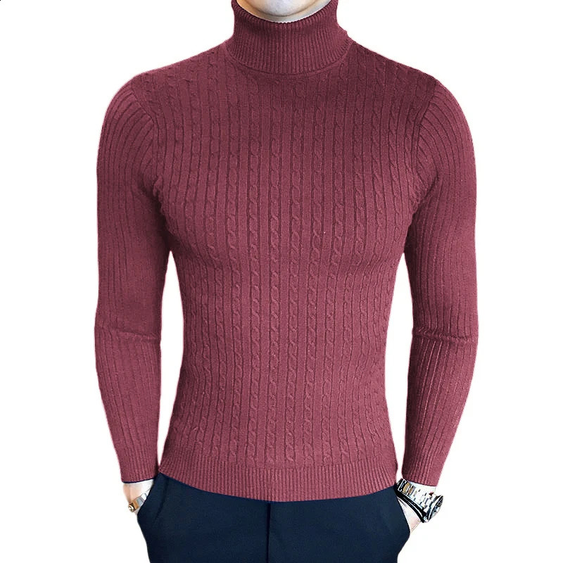 Mens Slim Fit Turtleneck Sweater Casual Twist Patterned Pullover Knitted Sweaters Autumn Outdoor Streetwear Warm Sweaters Men 250116