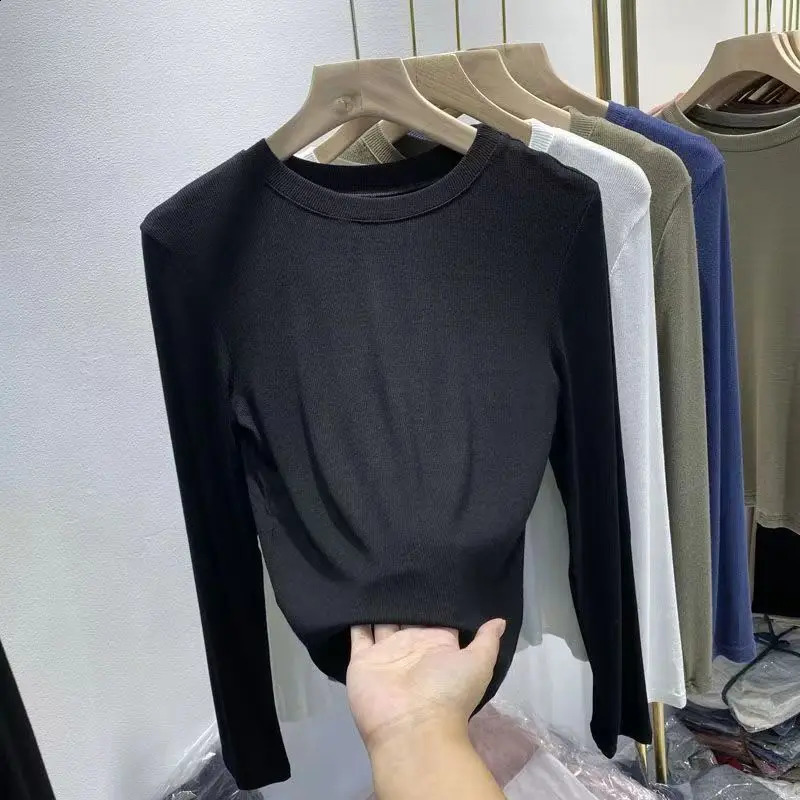 Autumn Office Lady Basic ONeck Slim TShirt Women Solid Multi Color AllMatch Trend Casual Top Screw Thread Long Sleeve Elastic 250114