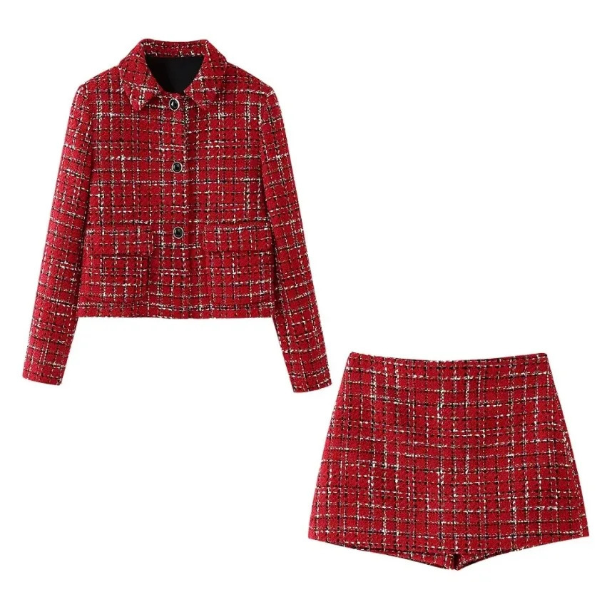 Womens coarse woolen jacket skiing suit 2024 autumn Oneck long sleeved buttoned elegant 2piece set womens mini 250122