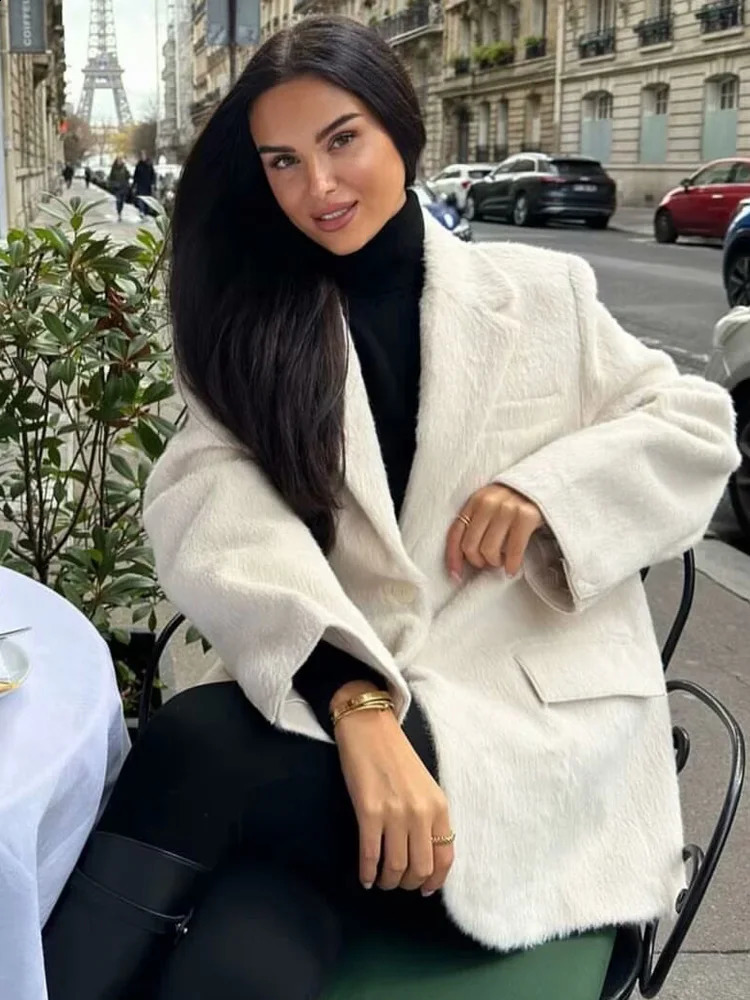 TRAF Womens Blazer White Faux Fur Office Wear Women Long Sleeve Fitted Blazers Suit Jacket High Quality 250120