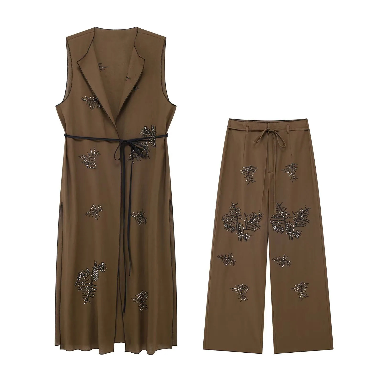 2024 Summer Womens Round Neck Long Sleeve Embroidered Vest Shirt Middle Waist Wide Leg Pants Set 250122