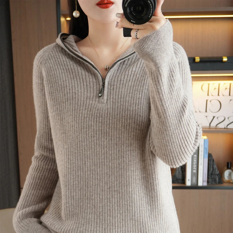 Spring Autumn Knit Hooded Sweater Women Solid Long Sleeve Tops Fashion Female Quality Zipper Loose Basics Pullover Pull Jumper 250114