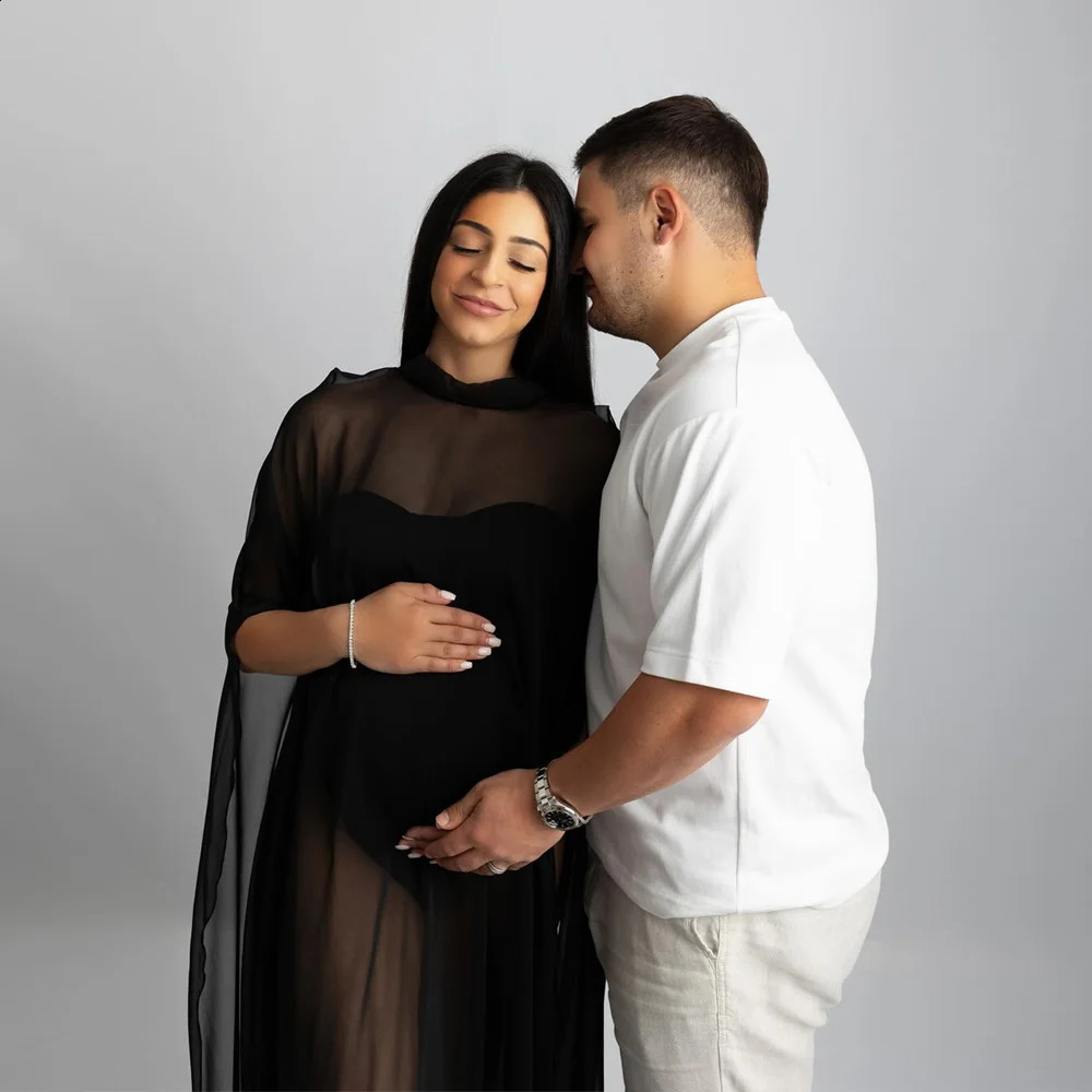 Maternity Pography Props Translucent Black Chiffon Cloak Pregnancy Dresses Poshoot Simple Cape Dress For Pregnant Women 250116