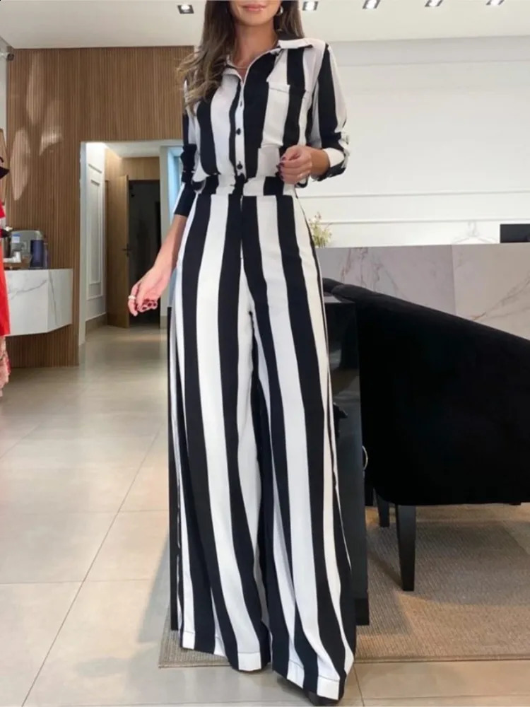 Autumn Wide Leg Long Pant Sets Two Piece Set Women Casual Fashion Striped Pocket Shirt Trousers Streetwear Suit 250118