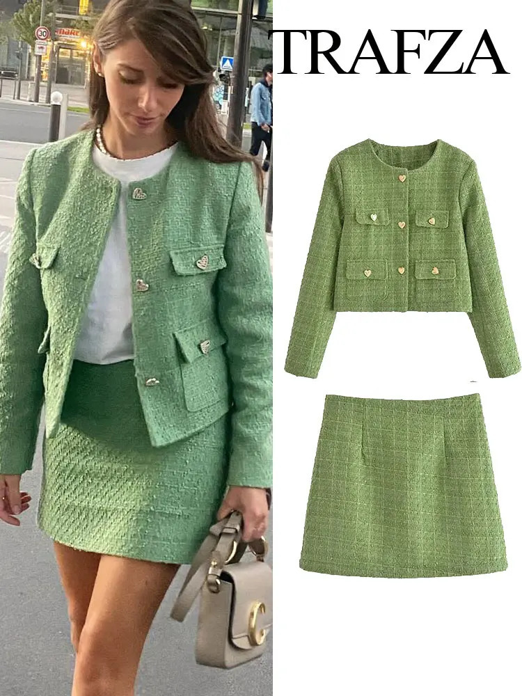 TRAFZA Suits For Women Fashion Green Coarse Weaving Loose Single Breasted Jackets Slim Chic And Elegant Womens Autumn Skirts 250122