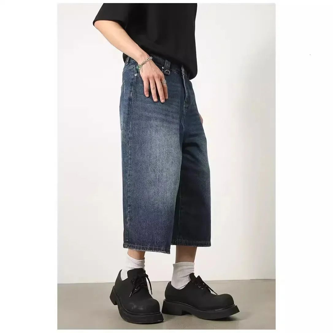 Mens Summer Solid Color Trendy Deep Blue Denim 7-Piece Versatile Loose-Fit Wide-Leg Straight-Leg Shorts 250117