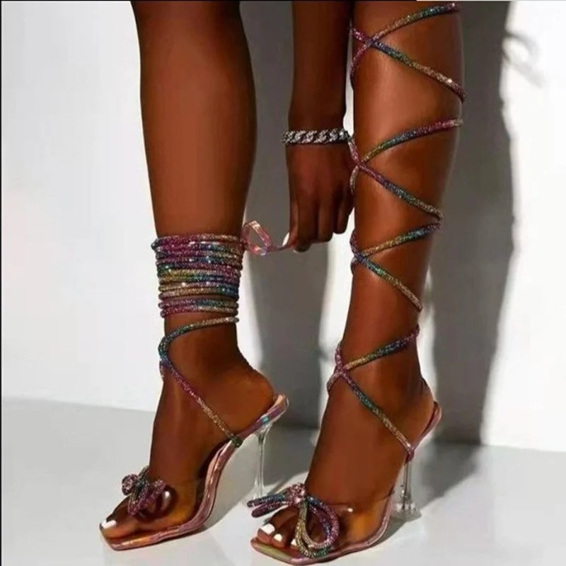 Summer Strappy Thigh High Sandals Sexy Over The Knee Heel Shoes Fashion Crystal Bow Party Pumps Lady Slides 250118