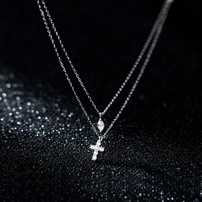 WANTME 925 Sterling Silver Trendy Double Cross Geometric Zircon Statement Gold Clavicle Necklace for Women Elegant Charm Jewelry 250117