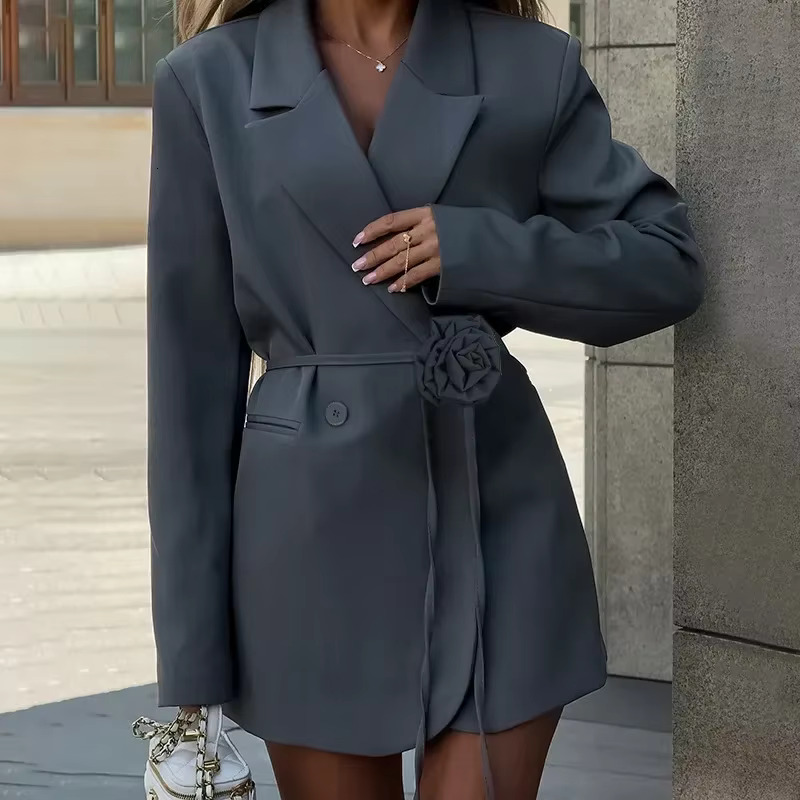 Fashion Wer Belt Office Women's Loose With Pockets Long Sleeve Coat Solid Color Casual Blazers 2025 Spring New
