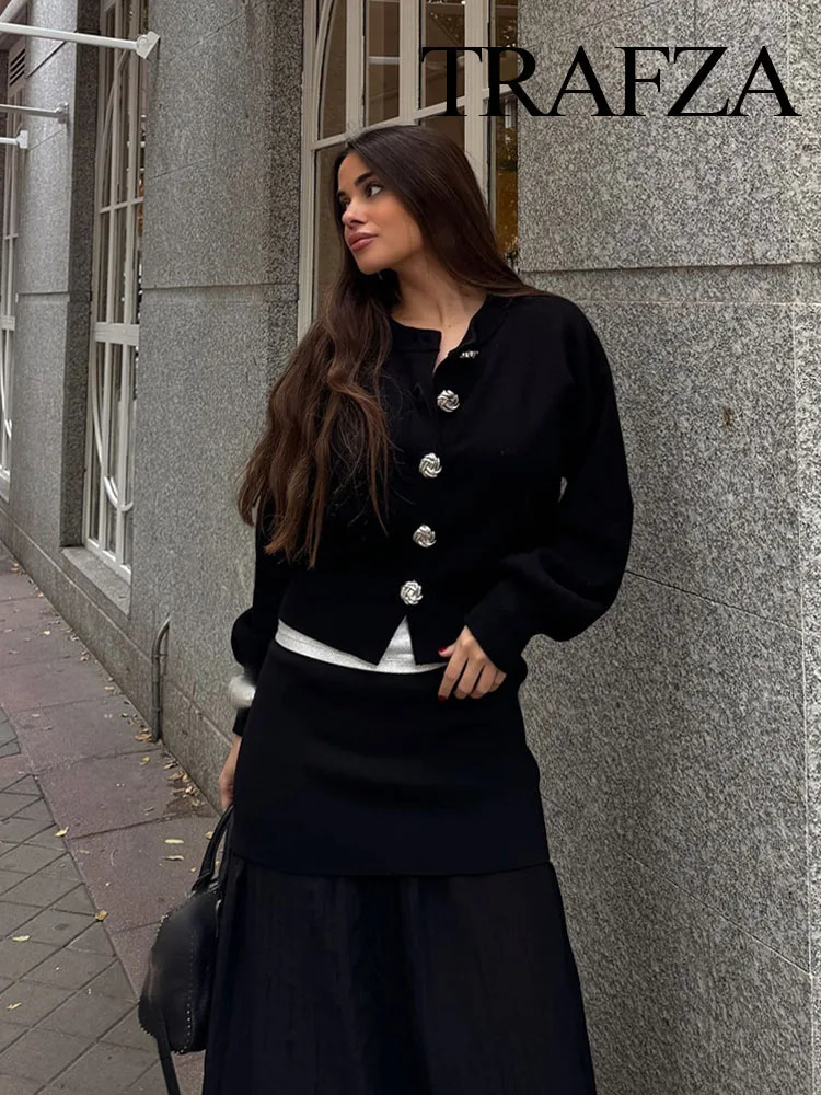 TRAFZA Womens Slim Fit 2 Piece Set Retro Black Knitted Sweater Jacket Fashion High Waist Casual Mini Skirt Streetwear 250122