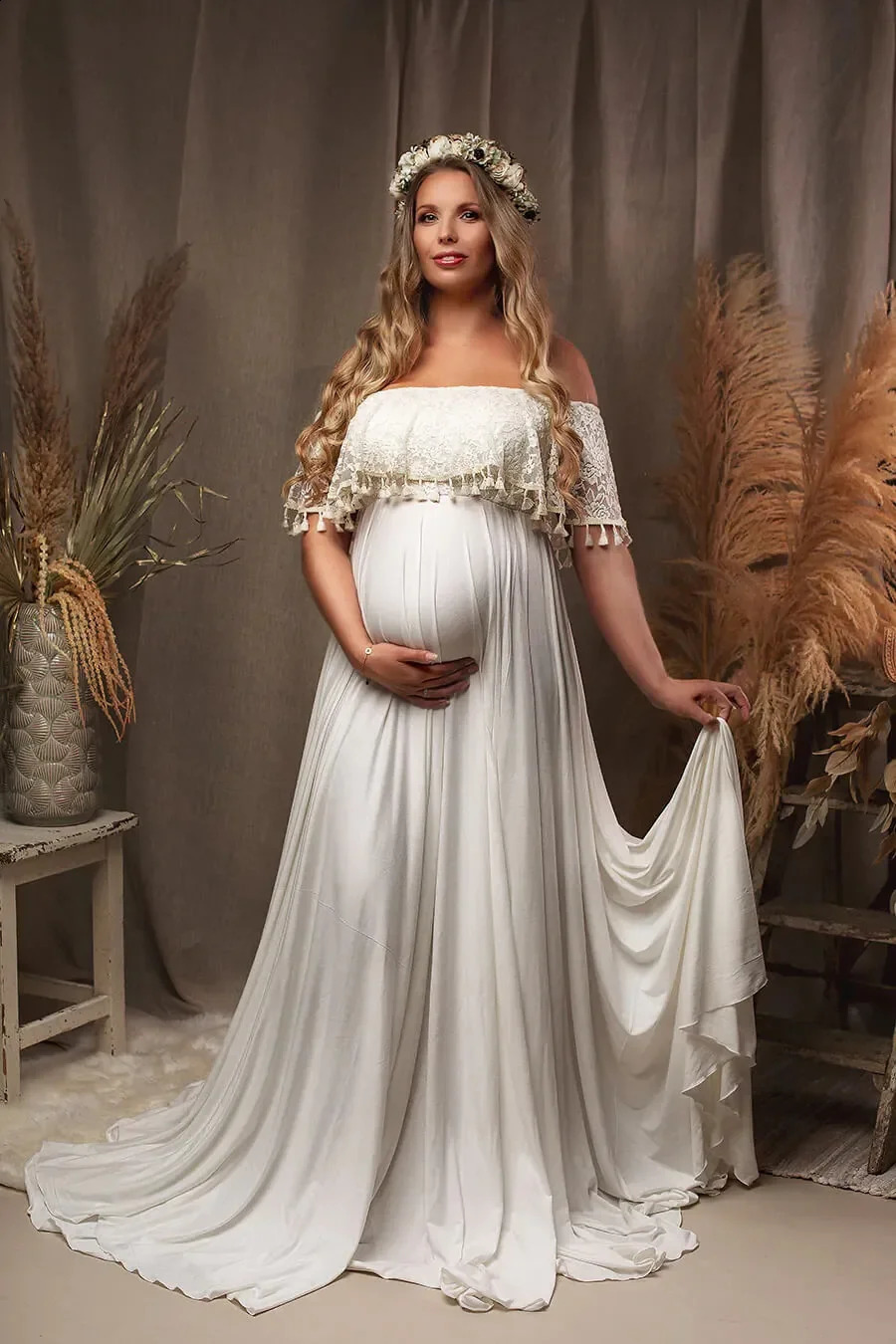 One Line Neckline Tassel Pregnant Woman Pography Dress Milk Silk Floor Mopping Pregnant Woman Po Taking Long Dress 250116