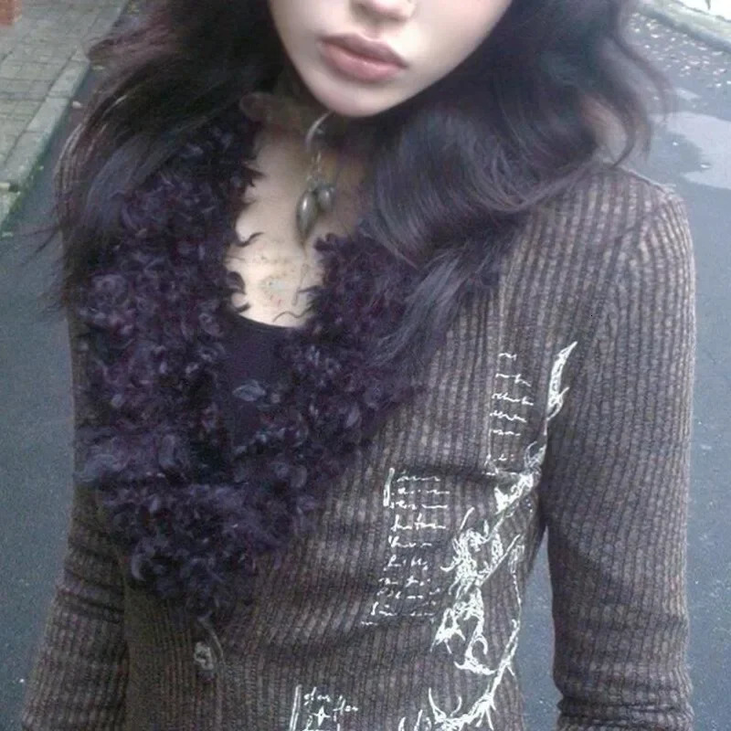Vintage Punk Y2k Aesthetic Faux Far V Neck Button Cardigan Autumn American Harajuku Print Office Lady Clothes Subcultural Shirts 250122