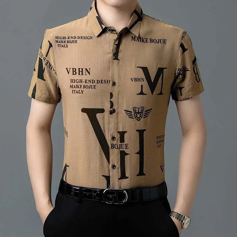 Summer Printed Mens Square Neck Ice Silk Fabric Fashion Versatile Short Sleeve Loose Single Row Multi Button Shirt Top 250110