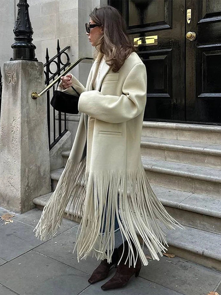 Elegant Tassel Hem Long Coat Women Patchwork Full Sleeve Turndown Collar Female Overcoat 2025 Fashion High Street Lady Outwear 250115