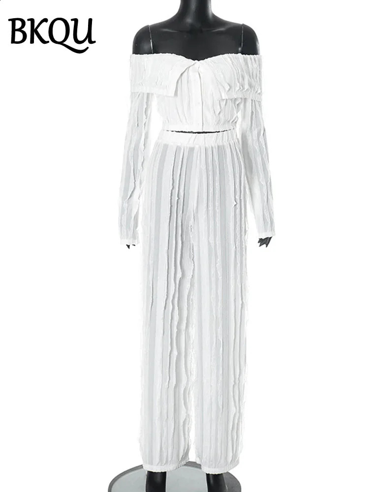 BKQU White Ruched Two Piece Sets Women Sexy Off Shoulder Long Sleeve Crop Top and Wide Leg Pants Matching Party Club Outfit 250118