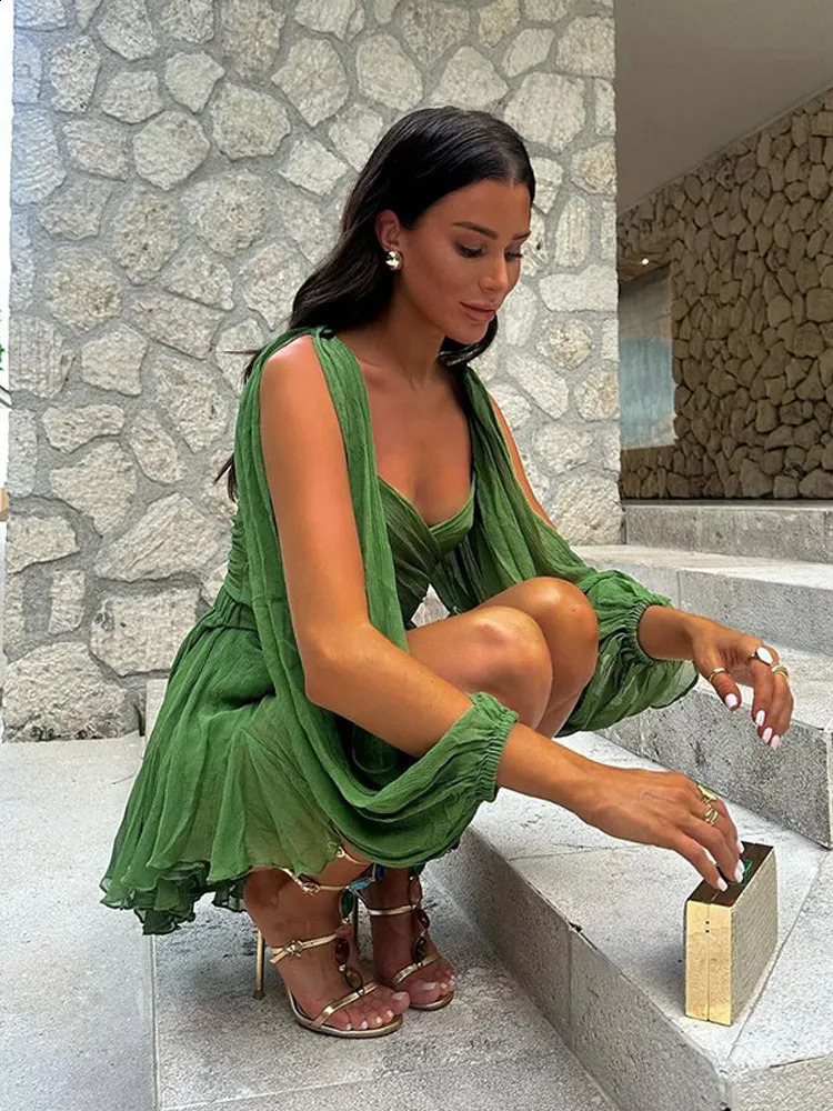 Womens Fashion Green Chiffon Mini Dress Elegant V-neck Split Long Sleeve Ruffle High Waist Dresses Lady Holiday Beach Vestidos 250122
