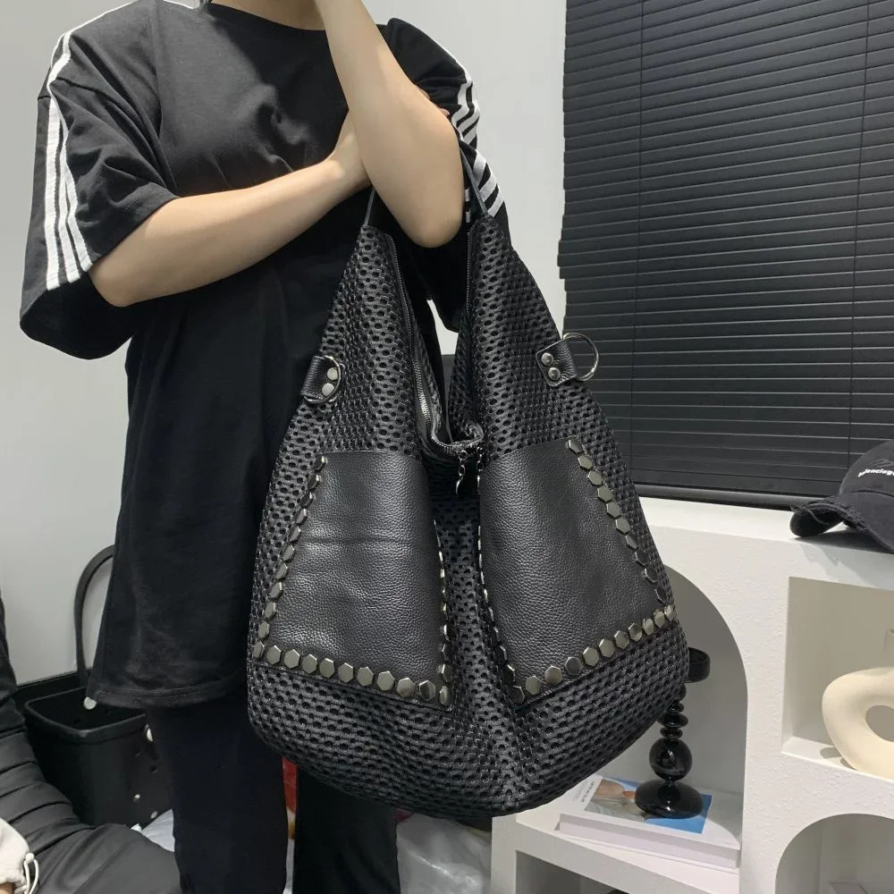 Womens Large Capacity Shoulder Bag Fashionable Mesh Splicing Genuine Leather Crossbody Bag 250110