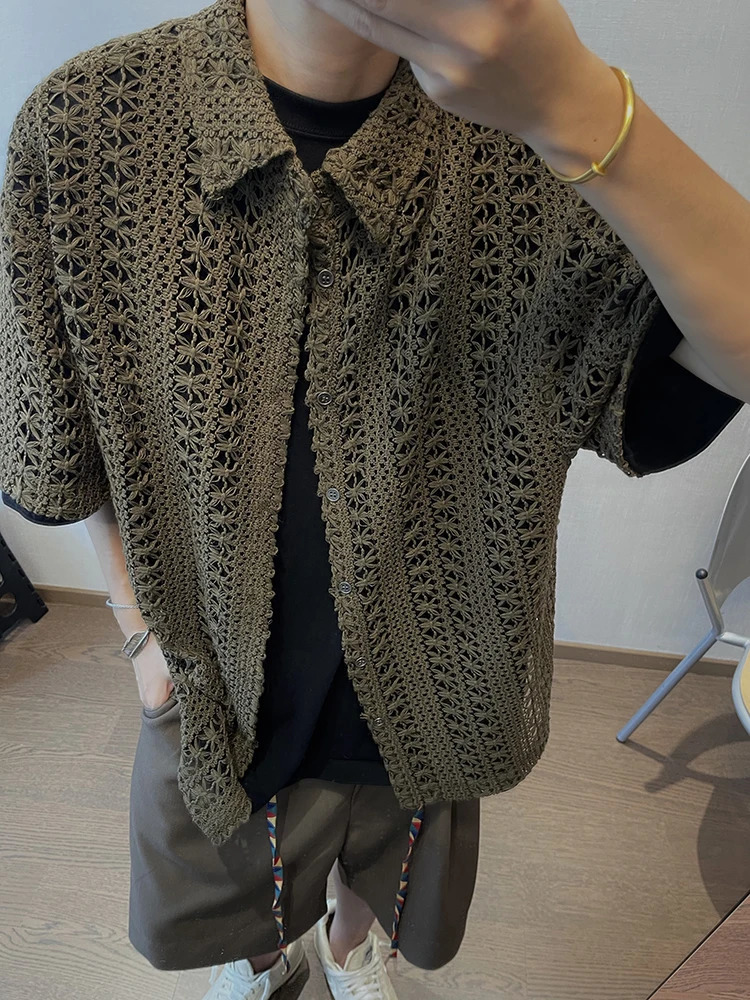 Hollow Out Shirts Men Summer Vintage All-match Breathable Short Sleeve Japanese Style Harajuku Vocation Knitting Handsome Simple 250118