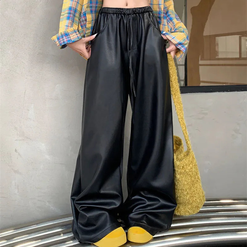 Lucyever American Black PU Leather Pants Women Autumn Winter Streetwear High Wiast Straight Pants Woman Baggy Wide Leg Trousers 250117