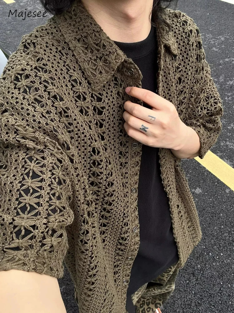 Hollow Out Shirts Men Summer Vintage All-match Breathable Short Sleeve Japanese Style Harajuku Vocation Knitting Handsome Simple 250118
