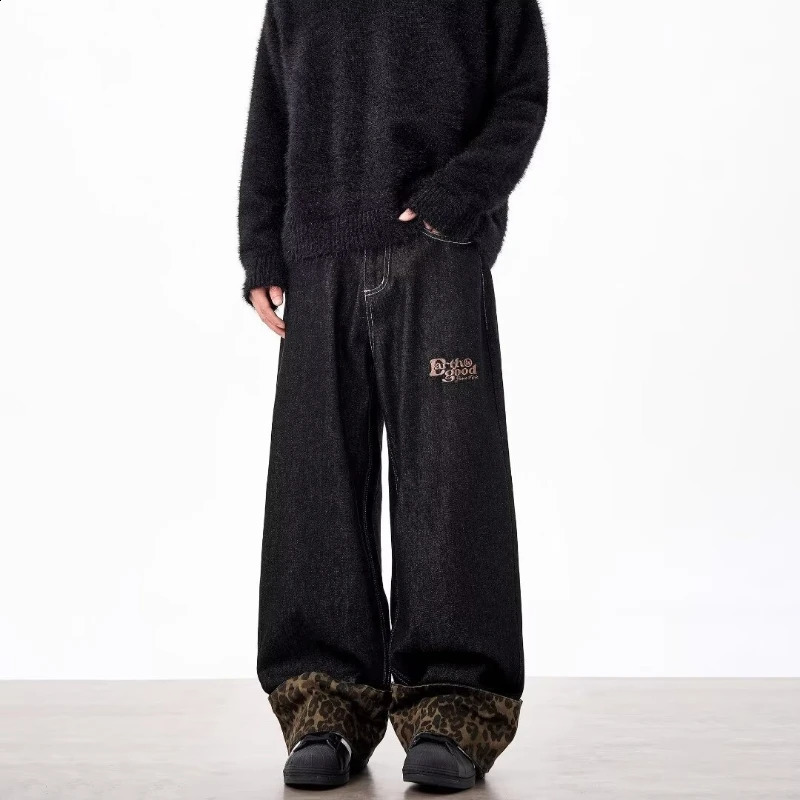 Leopard Print Patchwork Mens Jeans Hip Hop Fashion Washed Wide Legs Cow Pants Size S-3XL Curling Edge Denim Trousers 250120