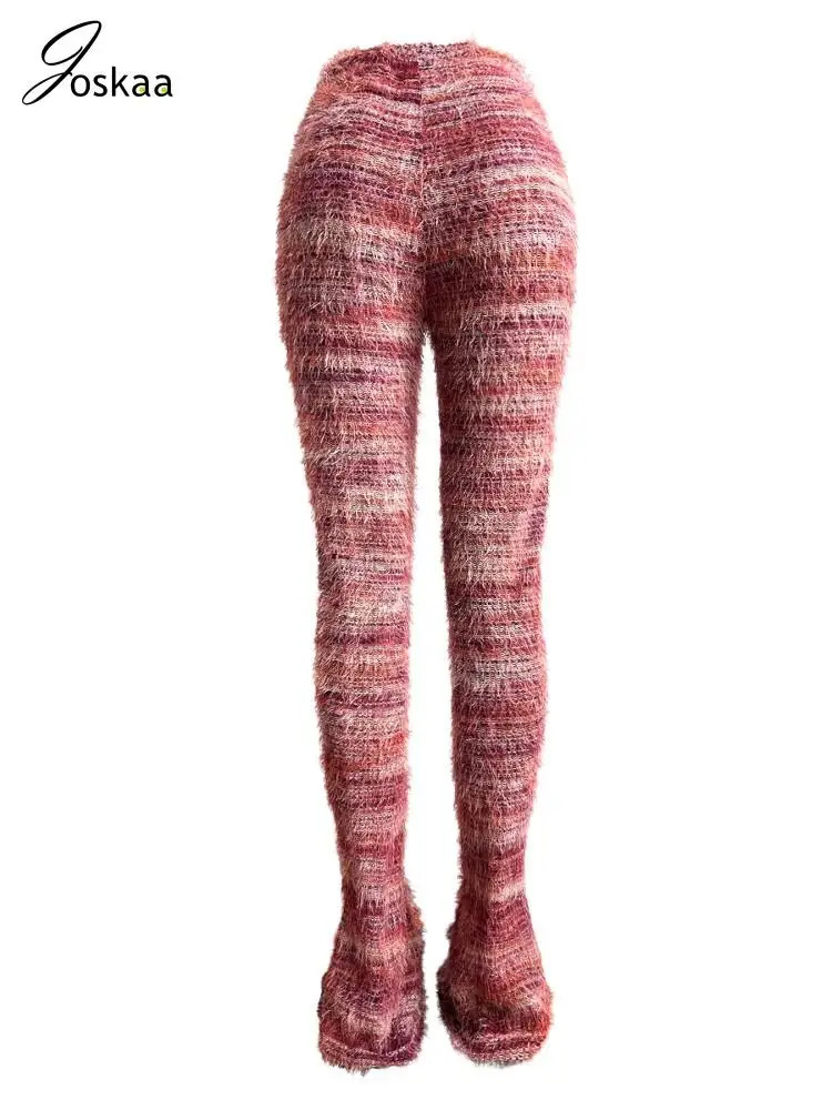 Joskaya Knitted Colorful Striped Stacked Pants for Women Sexy and Elastic Waist Ultra Thin and Fluffy Flared Trousers Womens Bottom Street Clothing 25