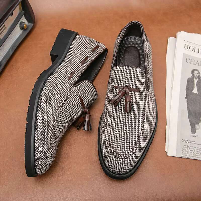 Loafers Brown Plaid Tassel Canvas Fashion Business Breathable Casual of Men Shoes atos Hombre