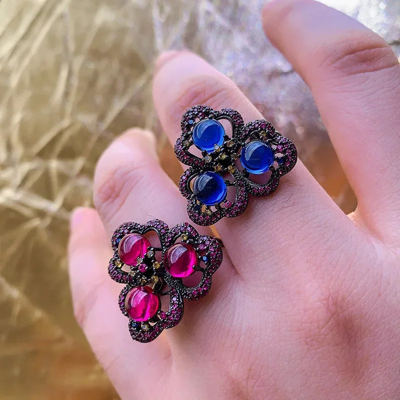 Exquisite Adjustable Statement Ring Hollow Flower Butterfly with Blue Red Gemstone Clusters Trendy Fashion Jewelry for Women 250121