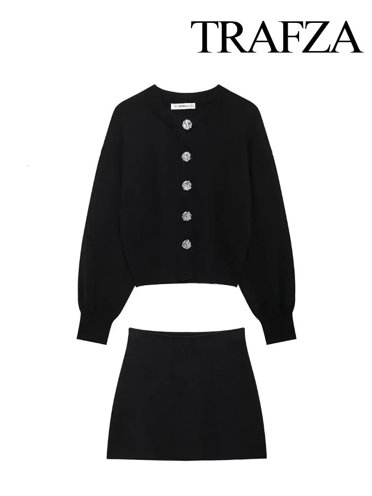 TRAFZA Womens Slim Fit 2 Piece Set Retro Black Knitted Sweater Jacket Fashion High Waist Casual Mini Skirt Streetwear 250122