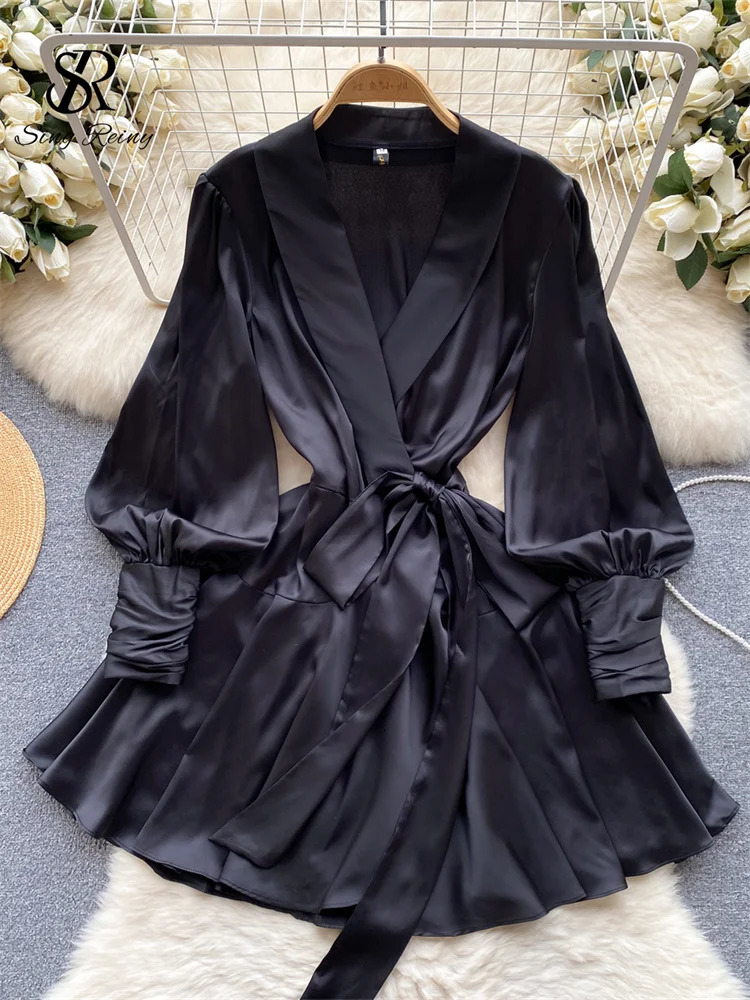 SINGREINY Women Senior Satin Sexy Dress 2024 Fashion Deep V Neck Bandage French Spring Lantern Sleeve Pleated Wrap Dress 250121
