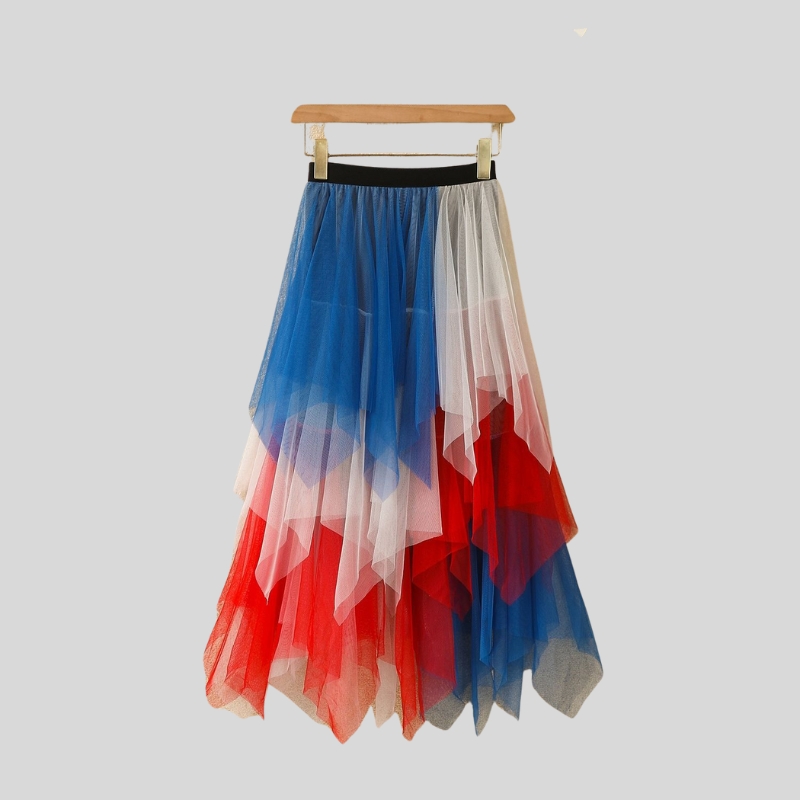 New arrival versatile gradual change color irregular mesh skirt summer fluffy medium and long