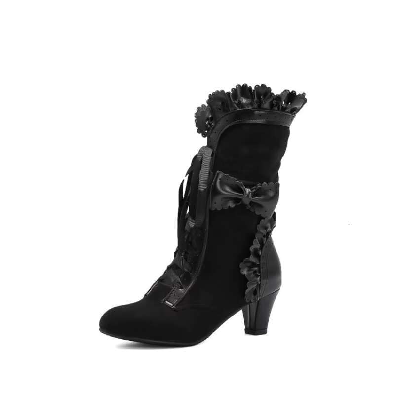 Autumn Winter Vintage Women Victorian Boots Lace Up High Heel Bootie Ruffle Trim Lolita Princess Cosplay Tea Party Costume Shoes