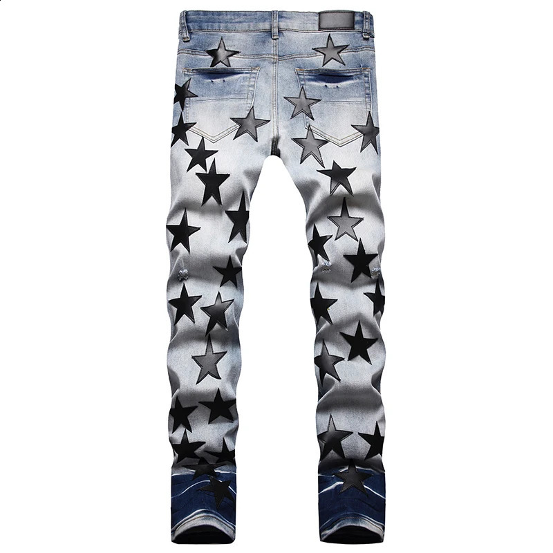 Mens Leopard Star Embroidered Jeans Slim Fit Stretch Ripped Hole Denim Pants Punk Style Streetwear Autumn Winter 28-42 250120