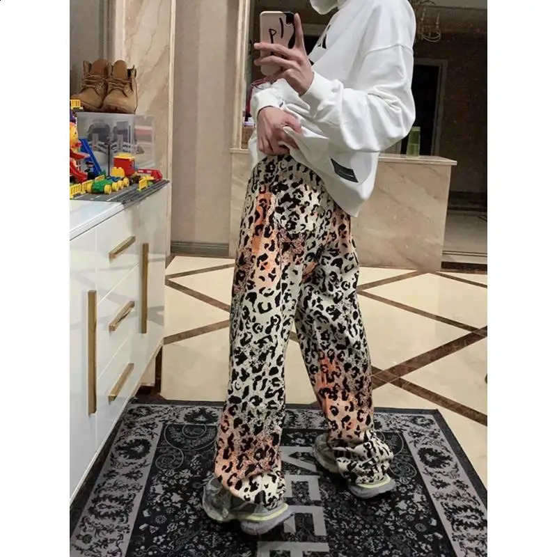 European and American retro leopard print high street straight leg jeans for men and women loose fitting trend casual pants y2k 250120