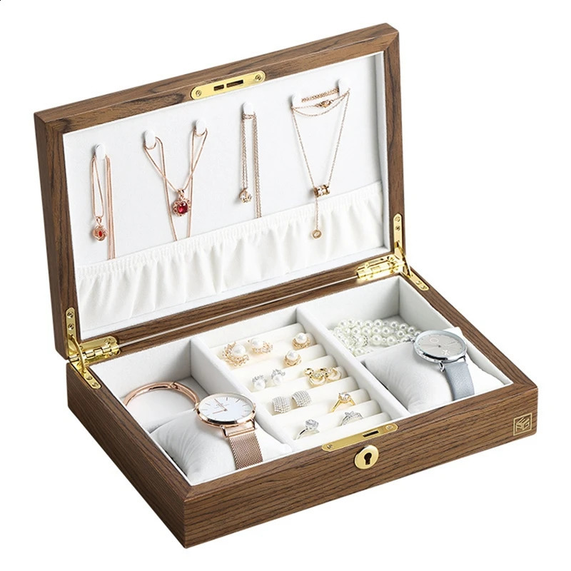 1 PCS Wooden Flip Jewelry Organizer Box Watch Earrings Ring Holder Jewellery Storage A 250117