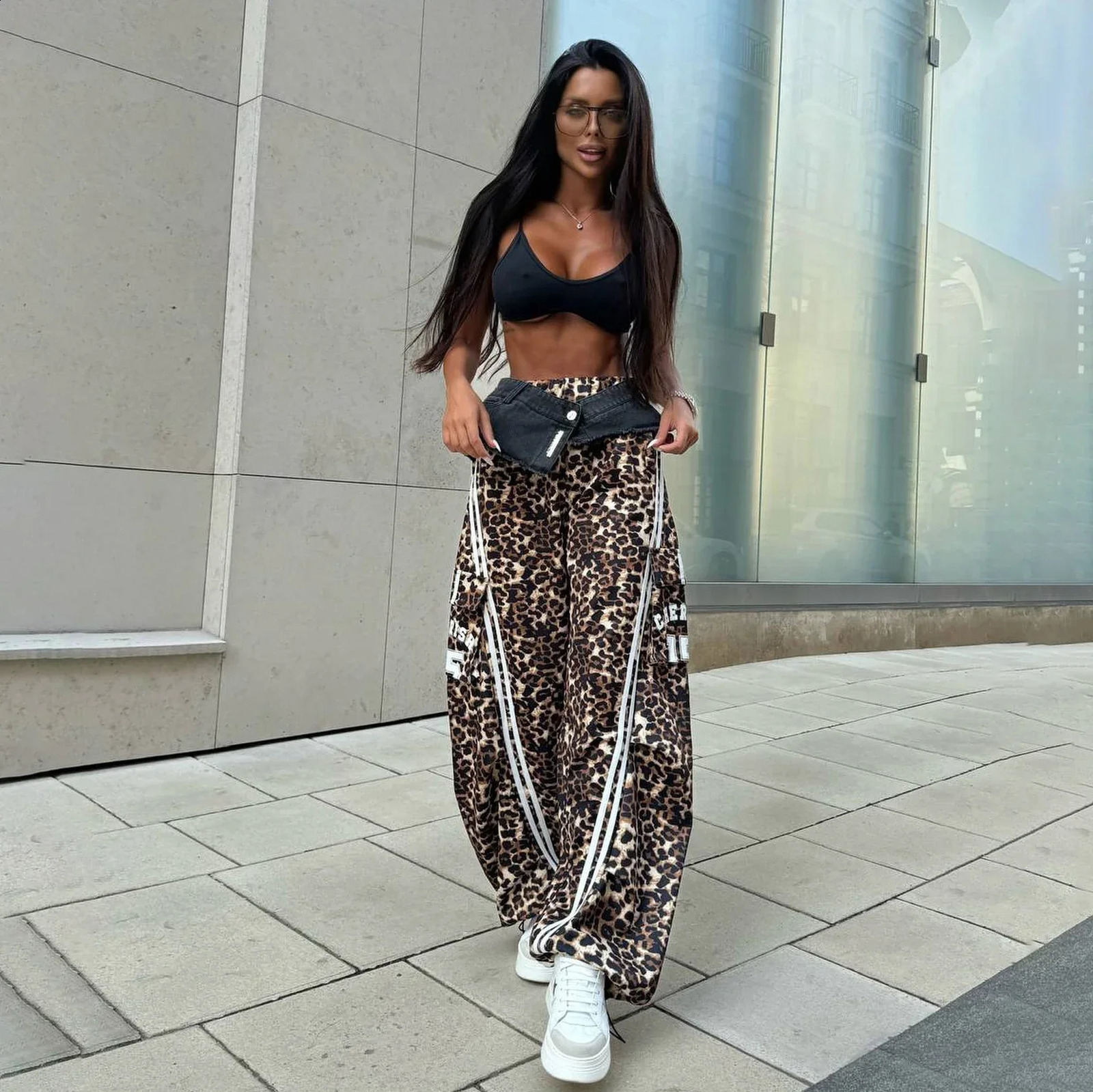 Autumn Womens Casual Wide Leg Leopard Pants Women Clothing Cowboy Spliced Vintage Sweatpants Y2k Cargo Pants Women 250117