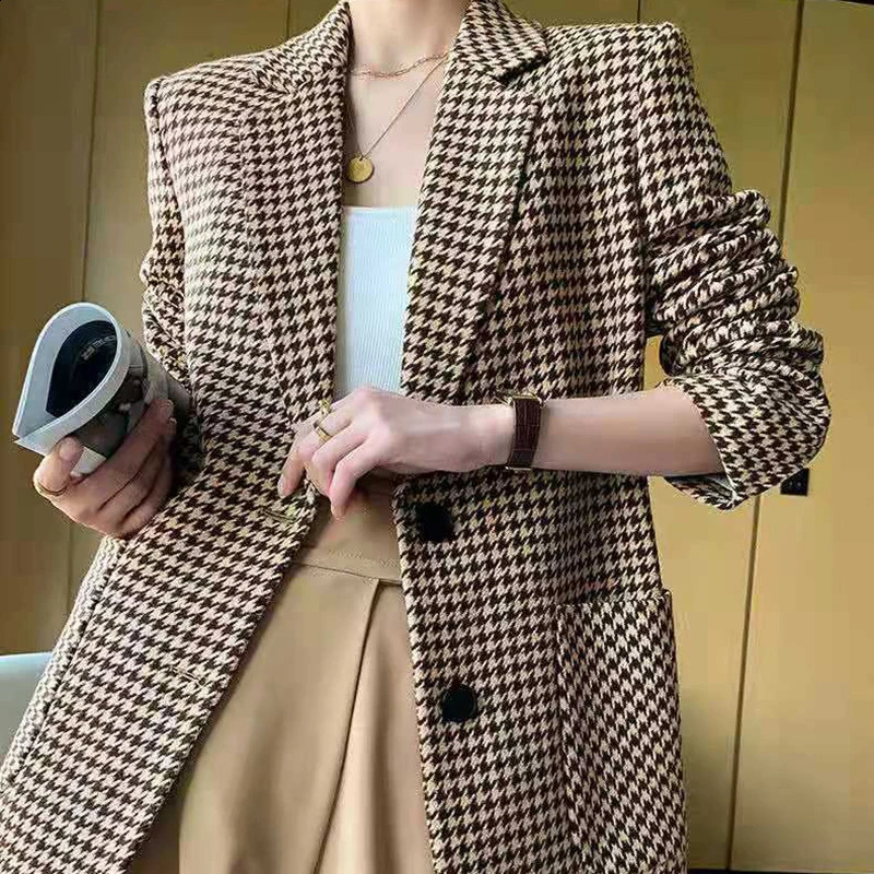 Korean Vintage Coat Woolen Plaid Houndstooth Blazer Elegant Spring Autumn Office Lady Belt Oversize Chic Jacket Outerwear 250113