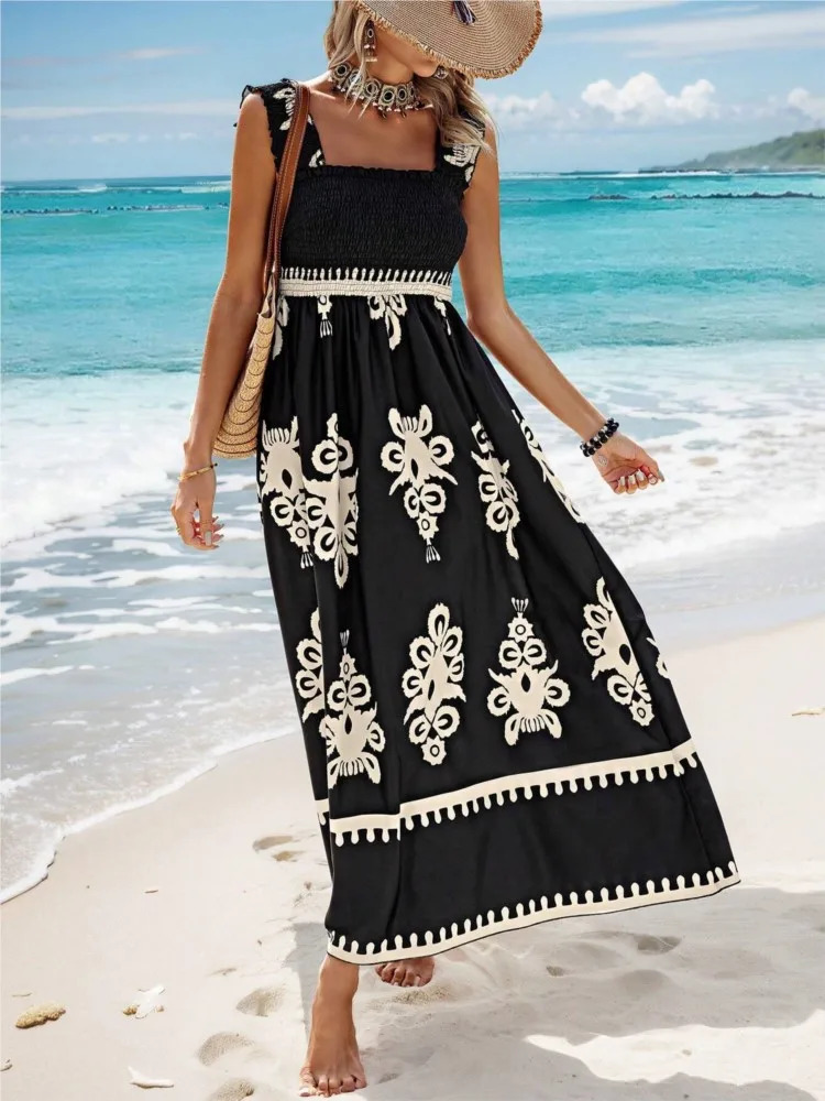 Summer Sexy Halter Beach Holiday For Womens Sundress Fashion Printed Elastic Chef Simple Elegant Female Party Dresses 250113